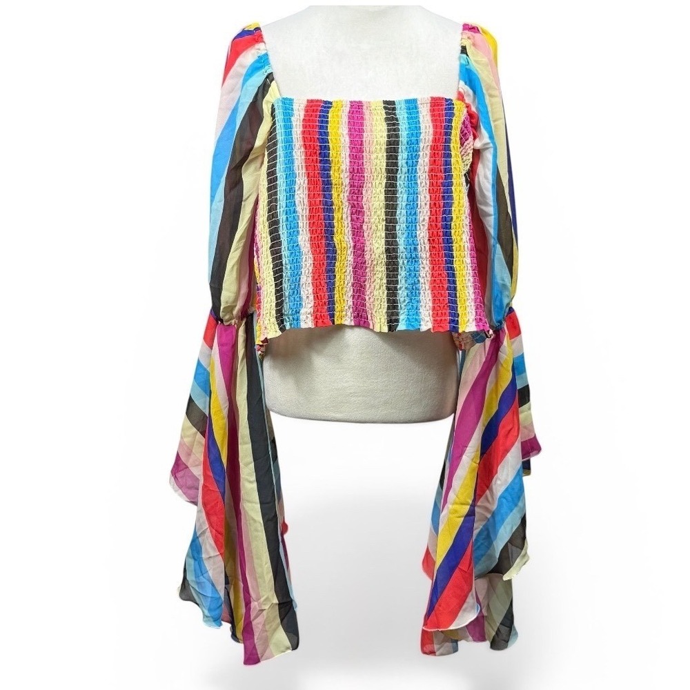 Truth NYC Smocked‎ Crop Top Womens 3X Multicolor 70s Vibe Festival Bell Sleeve